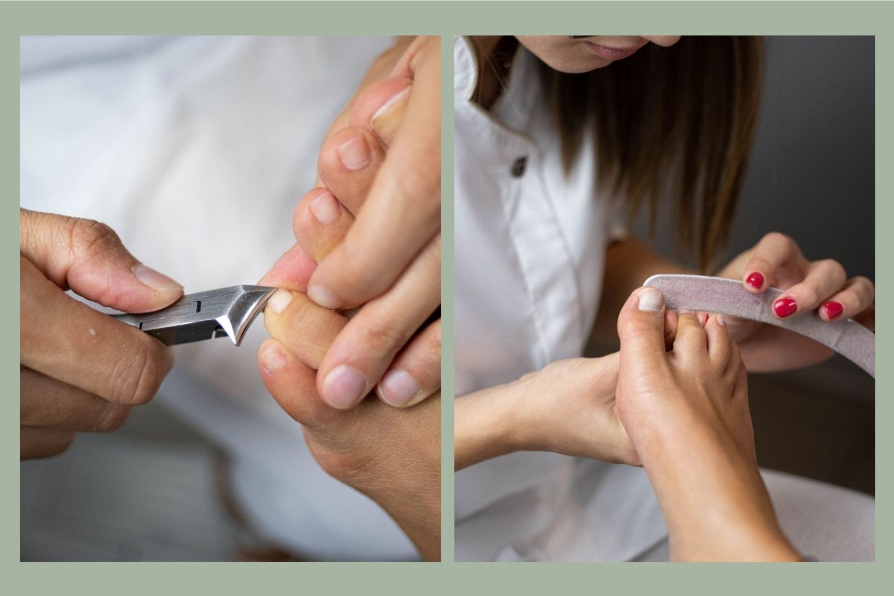 Due foto affiancate mostrano Mary Siciliano, titolare di Estetica Alma, mentre taglia e lima le unghie di una cliente durante un pedicure.