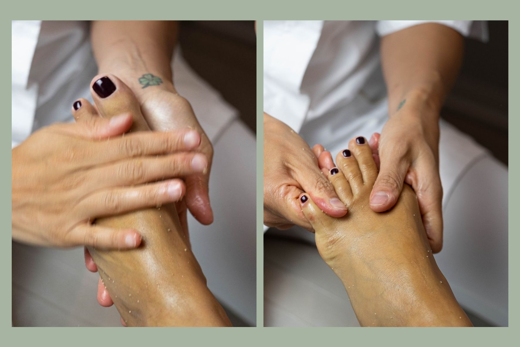 Due foto affiancate mostrano Mary Siciliano, titolare di Estetica Alma, mentre applica lo scrub piedi a una cliente durante un pedicure.