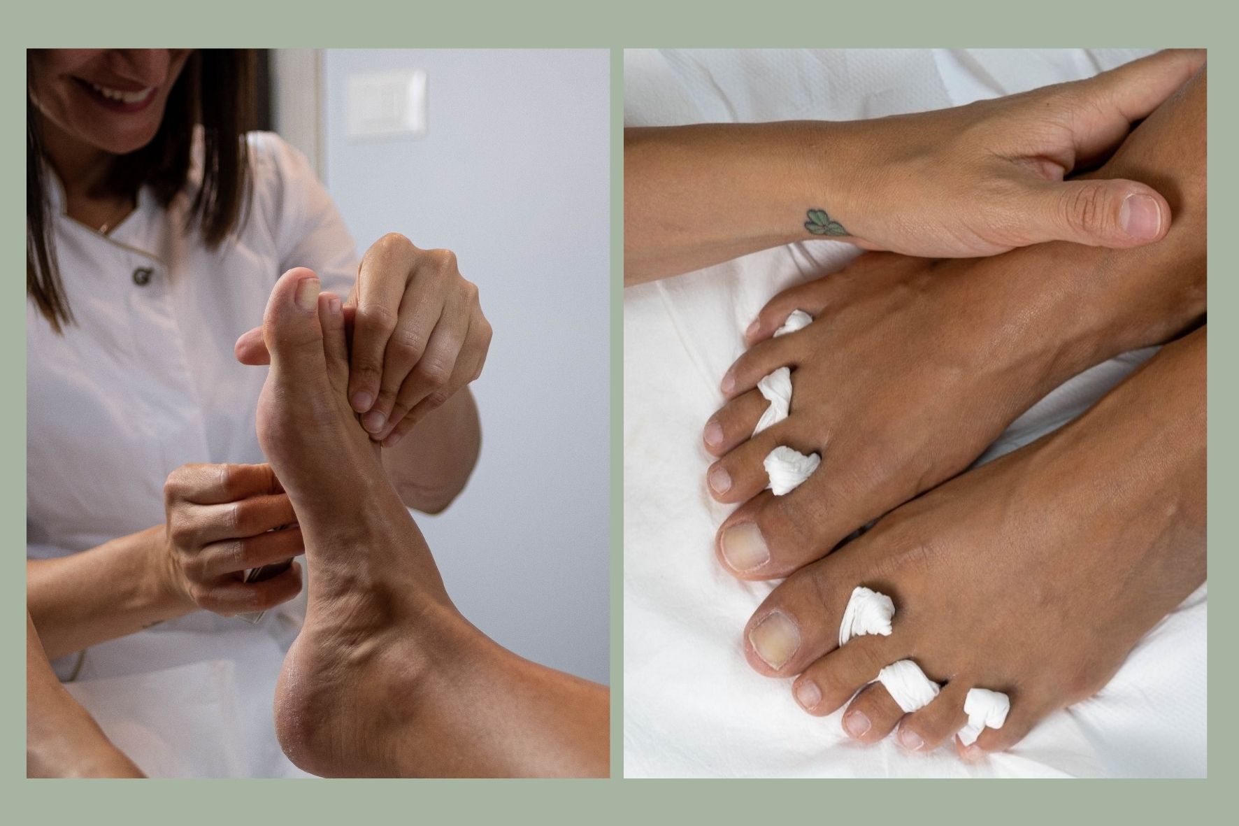 Due foto affiancate mostrano Mary Siciliano, titolare di Estetica Alma, mentre massaggia i piedi di una cliente durante un pedicure e mentre mostra gli stessi piedi dopo il massaggio.