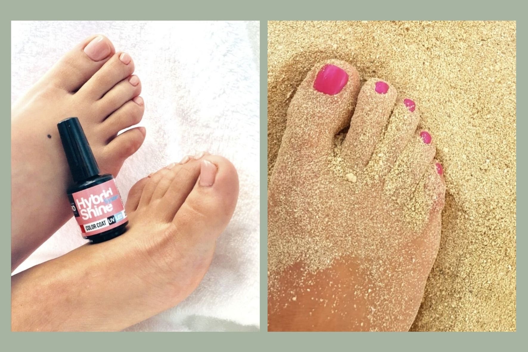 Due foto affiancate mostrano dei piedi con unghie colorate in modo diverso: rosa pastello per un pedicure sposa e fucsia acceso per piedi abbronzati nella sabbia.