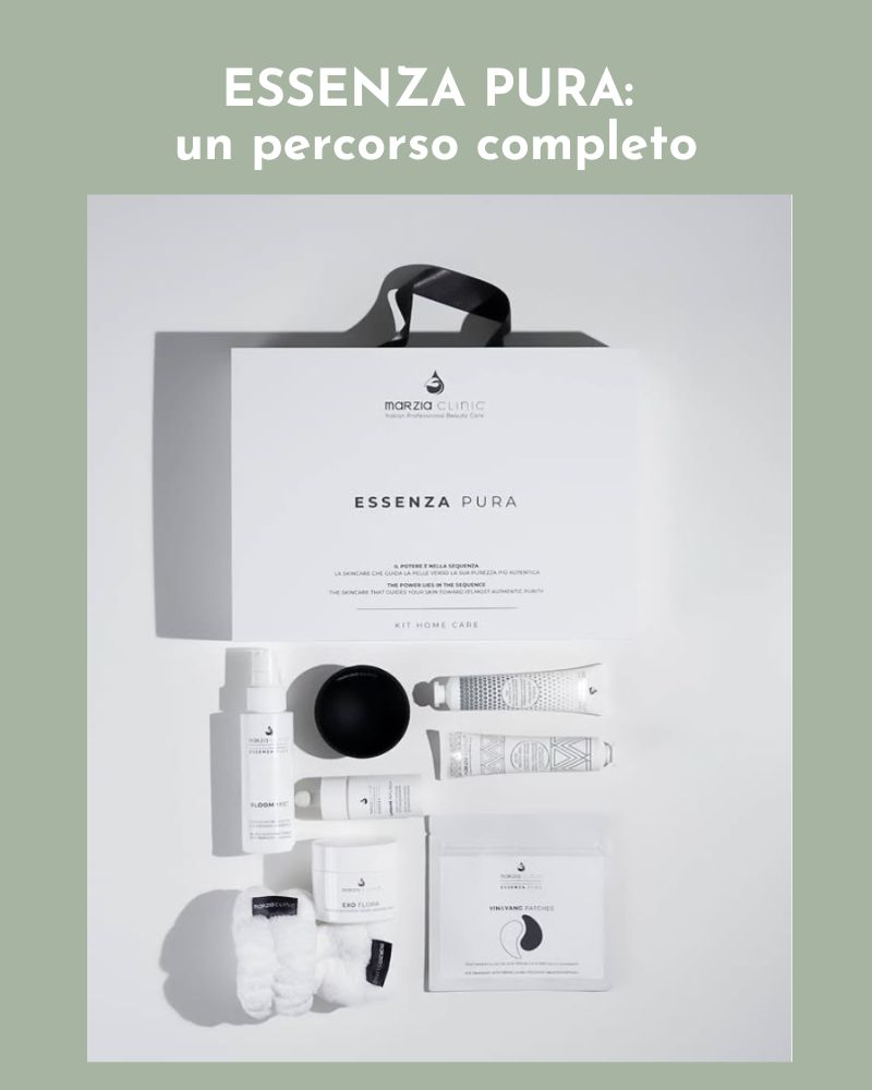 Foto zenitale del kit Essenza Pura per la beauty routine: la valigetta e il contenuto