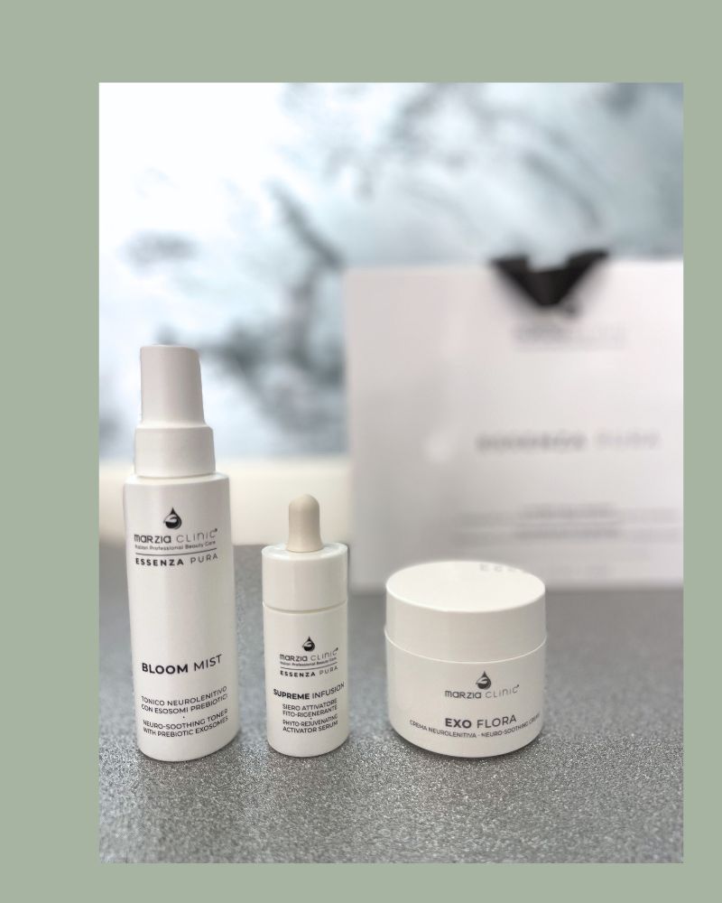 I prodotti fondamentali del kit Essenza Pura per la beauty routine quotidiana del viso.