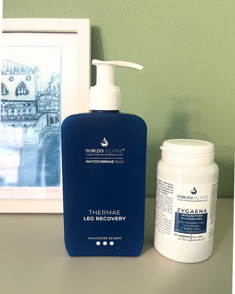 Prodotto Thermae LEG Recovery e integratore Zygaena, per dare sollievo in caso di gonfiore persistente e perdita di tonicità alle gambe.